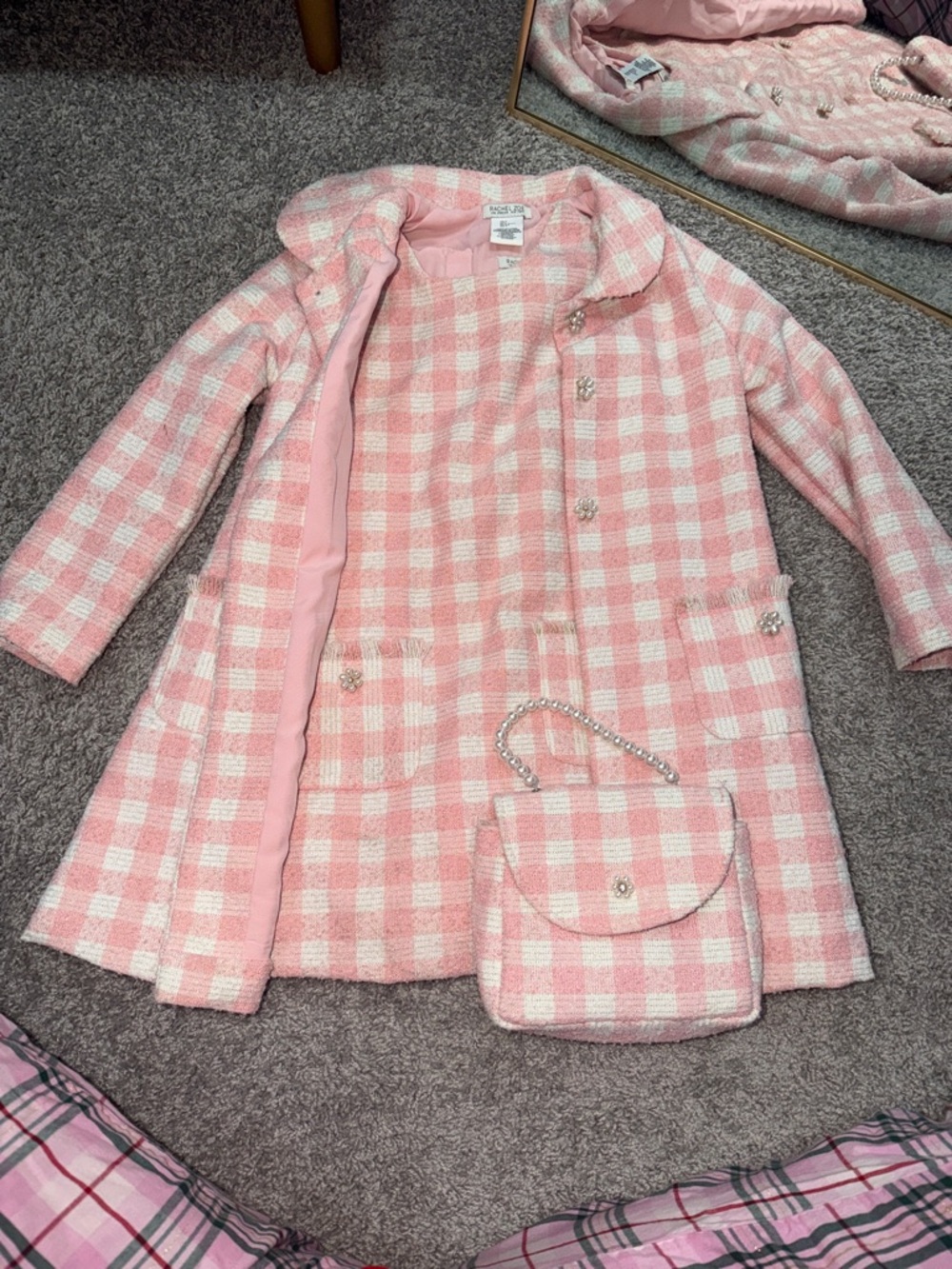 Rachel Zoe Pink & White Check Tweed Pea Coat with Matching Bag